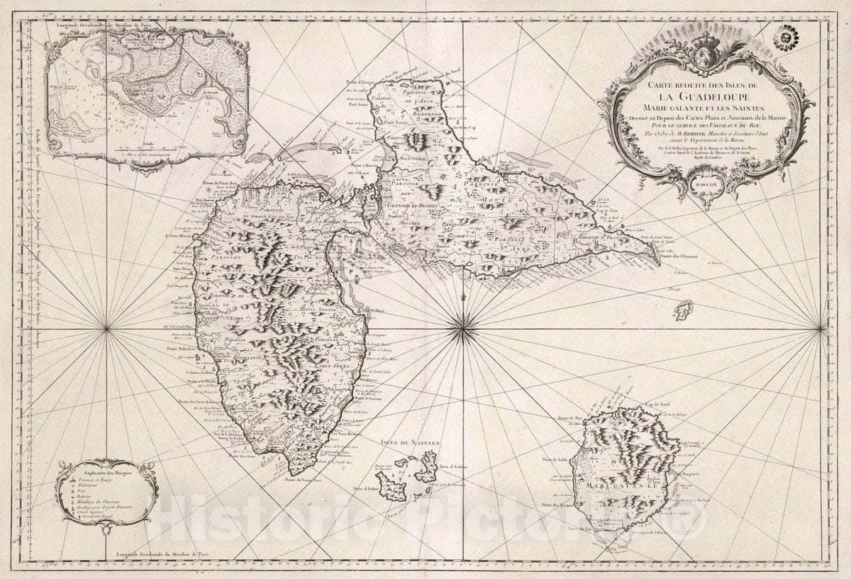 Historic Map : Guadeloupe, Carte Reduite des Isles de Guadeloupe, Marie Galante et les Saintes, 1759 Chart , Vintage Wall Art
