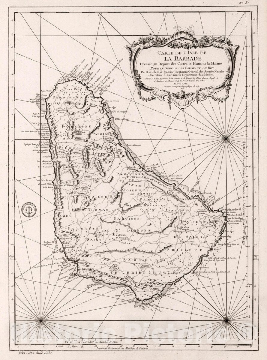 Historic Map : Barbados, Carte de l'Isle de la Barbade, 1758 Chart , Vintage Wall Art