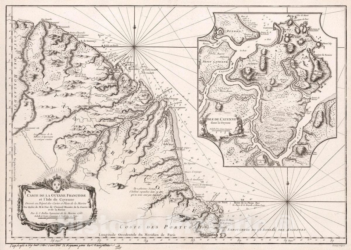 Historic Map : French Guiana, Carte de la Guyane Francoise et l'Isle de Cayenne, 1763 Chart , Vintage Wall Art