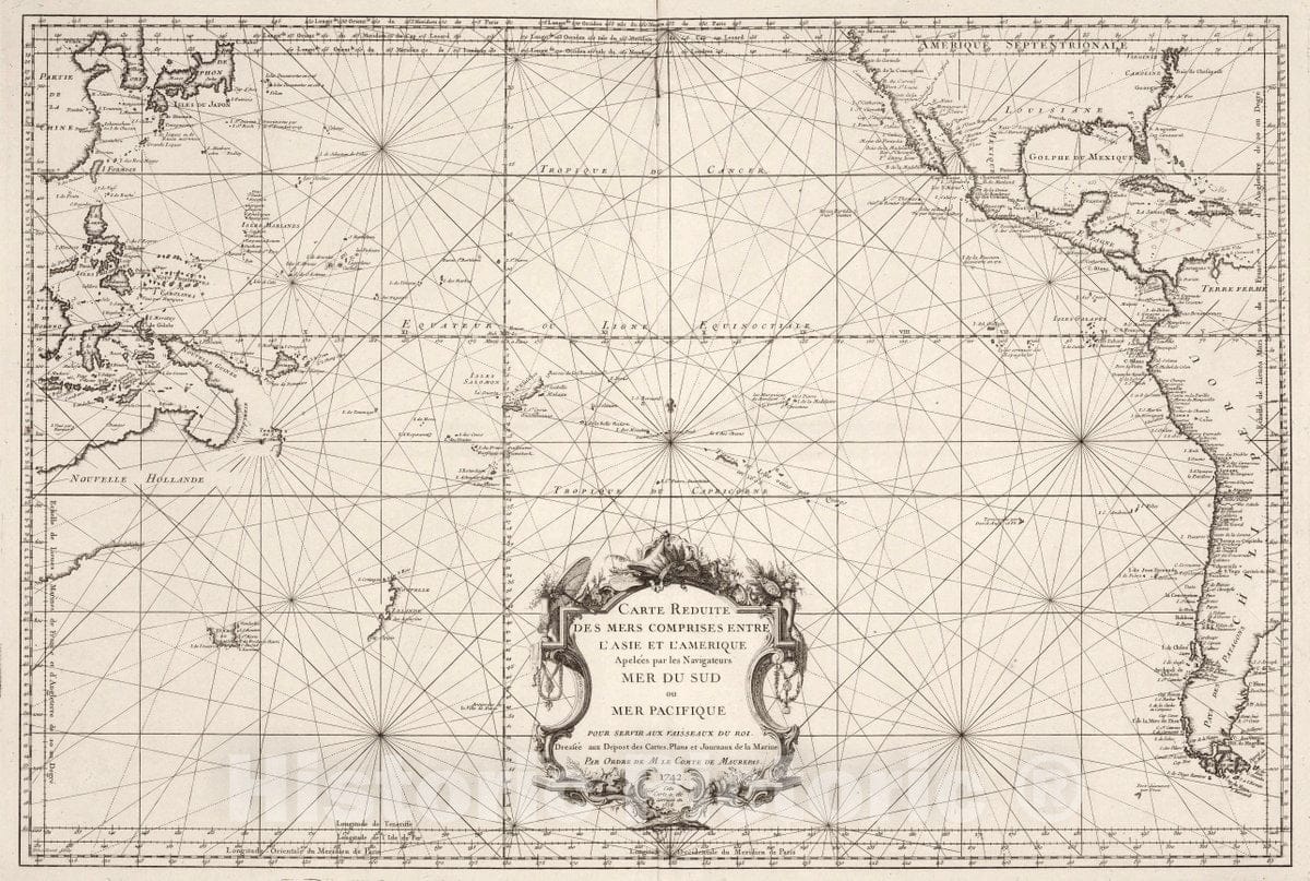 Historic Map : Polynesia, Pacific Carte Reduite des Mer Comprises Entre l'Asie et l'Amerique, 1756 Chart , Vintage Wall Art