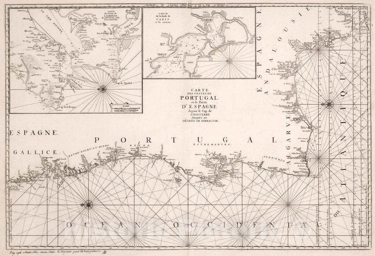 Historic Map : Portugal , Cadiz Spain, Carte des Costes de Portugal et de Partie D'Espagne, 1773 Chart , Vintage Wall Art