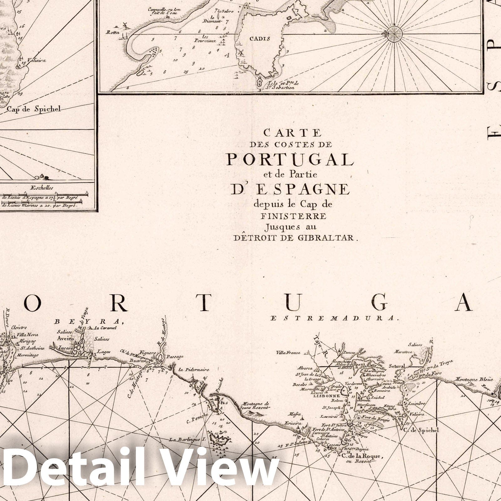 Historic Map : Portugal , Cadiz Spain, Carte des Costes de Portugal et de Partie D'Espagne, 1773 Chart , Vintage Wall Art