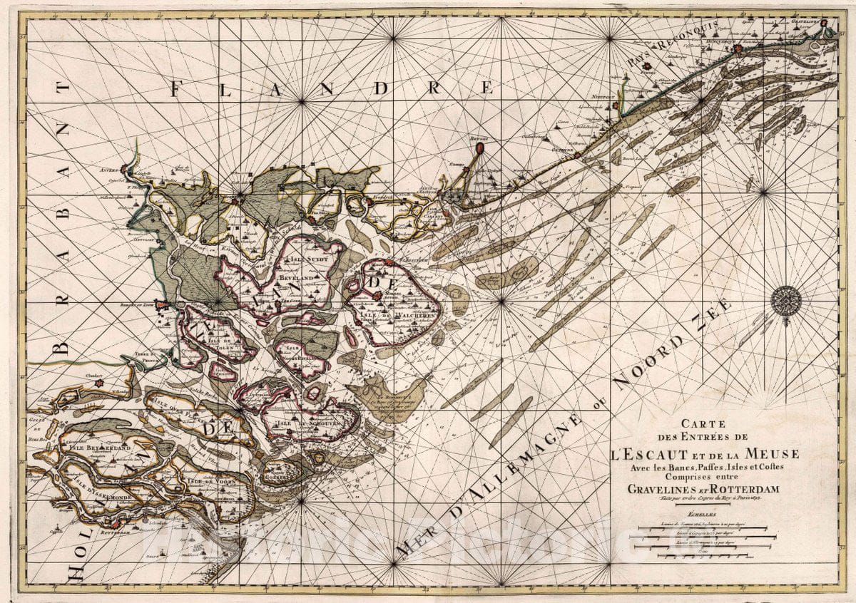 Historic Map : Netherlands, North Sea Carte des Entrees de L'Escaut et de la Meuse Entre Gravelines et Rotterdam, 1693 Chart , Vintage Wall Art