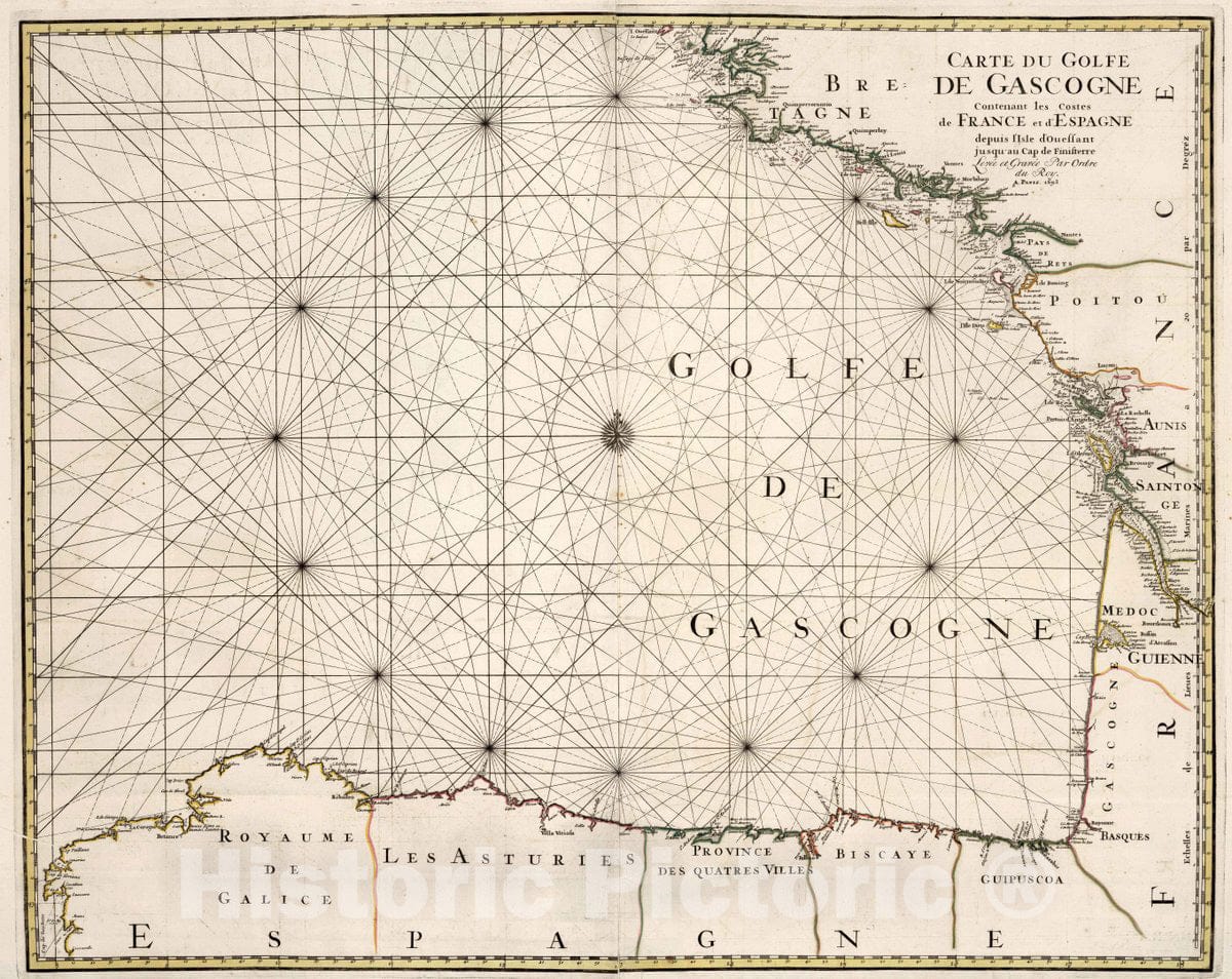 Historic Map : Bay of Biscay Carte du Golfe de Gascogne Costes de France et D'Espagne, 1693 Chart , Vintage Wall Art