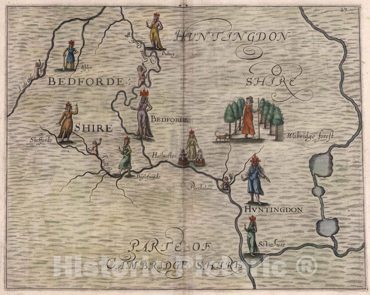 Historic Map : Bedforde Shire, Huntingdon Shire, Parte of Cambridge Shire, 1622 - Vintage Wall Art
