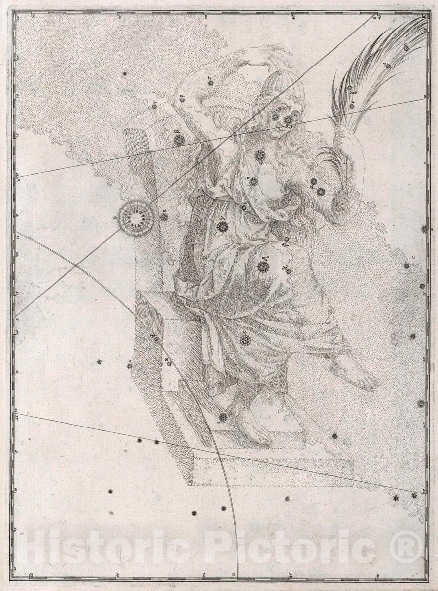 Historic Map : Constellation: Cassiopeia; Woman with Plume, 1655 Celestial Atlas - Vintage Wall Art