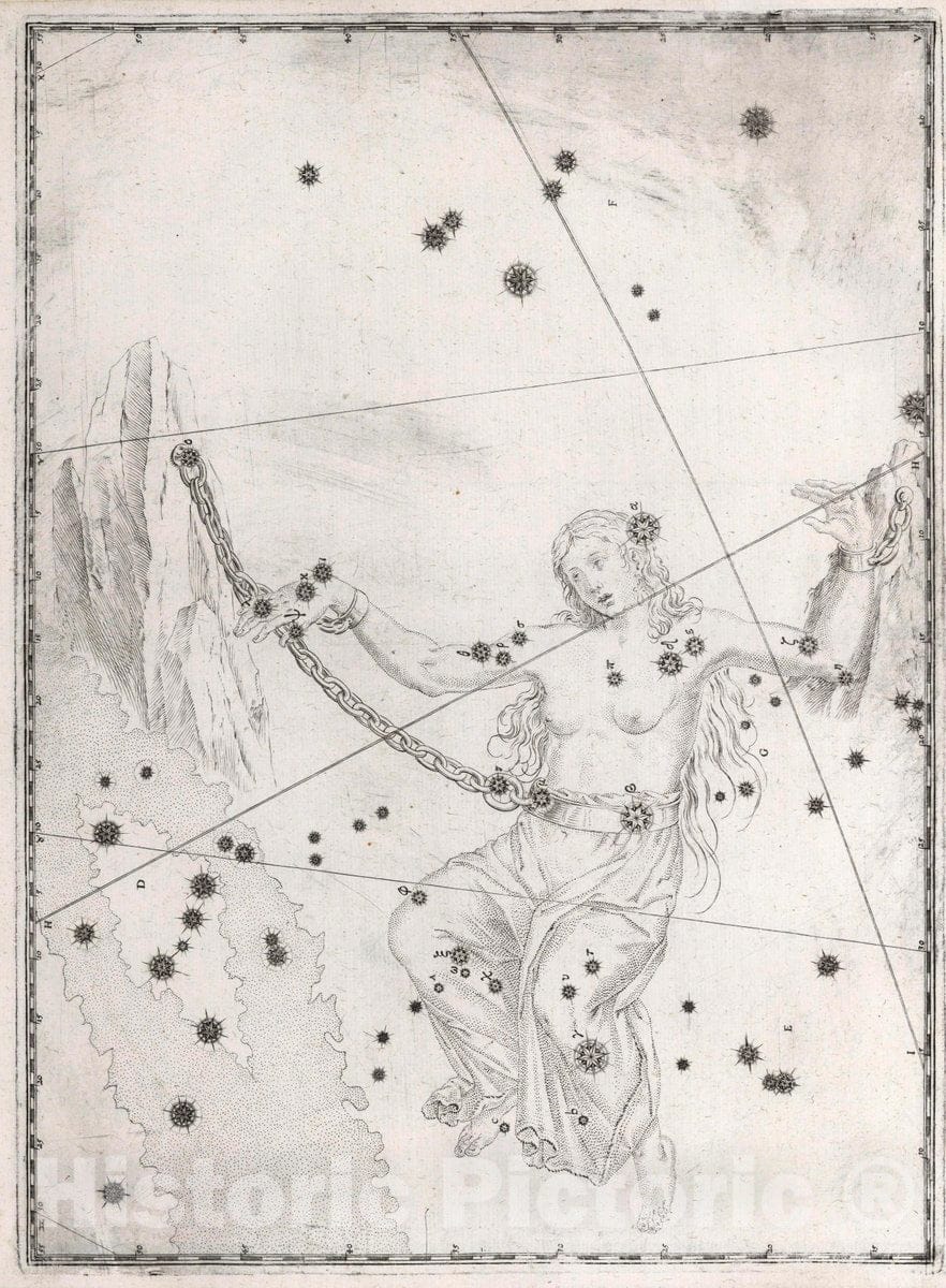 Historic Map : Constellation: Andromeda, Chained Woman or Alpheratz and Sirrah, 1655 Celestial Atlas - Vintage Wall Art