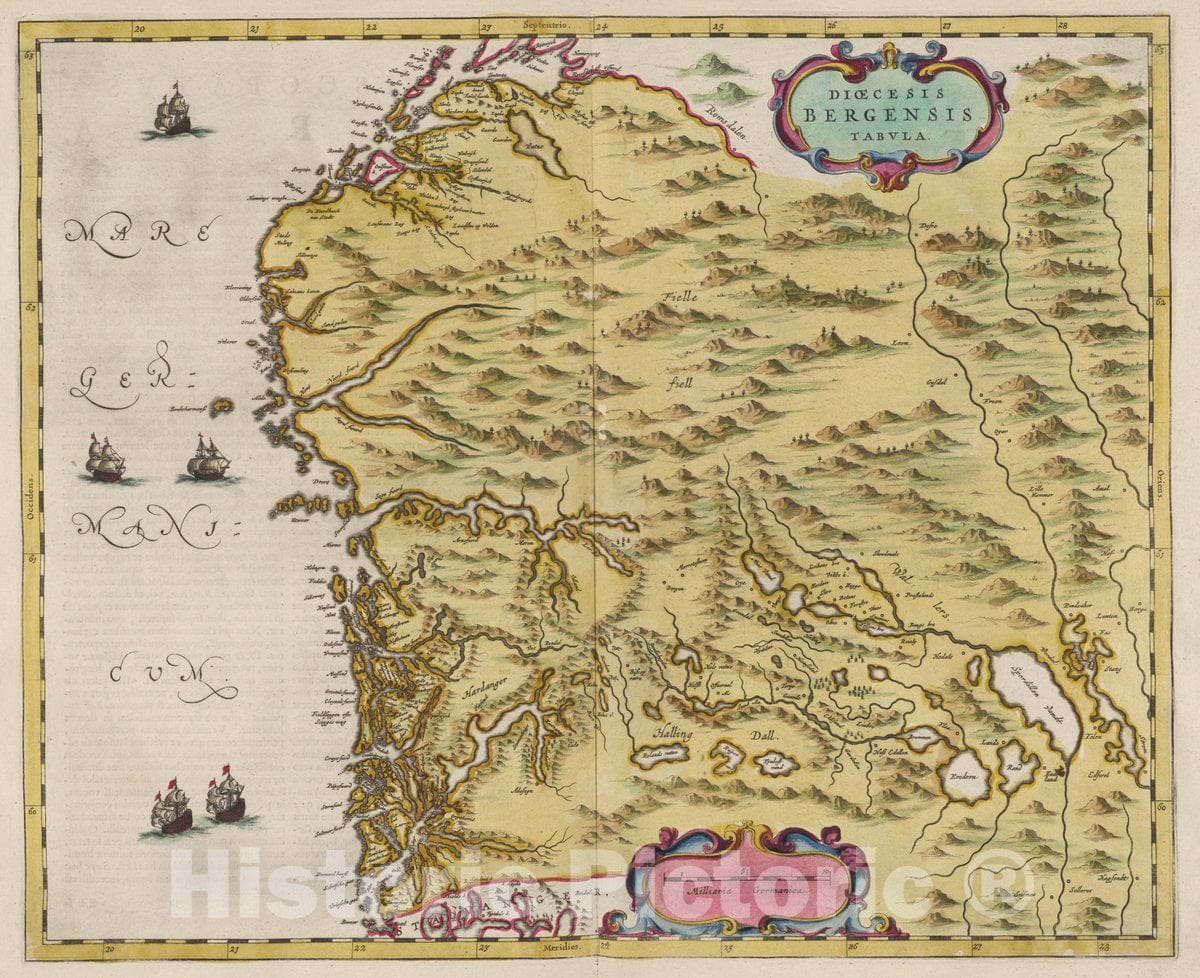 Historic Map : Norway , Bergen, Norway, Dioecesis Bergensis Tabvla, 1665 Atlas , Vintage Wall Art