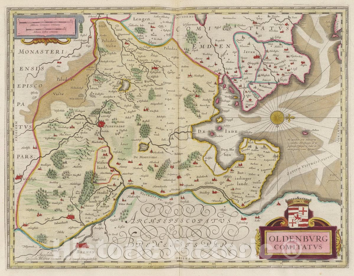 Historic Map : Germany, Atlas Maior Sive Cosmographia Blaviana, Qua Solvm, Salvm, Coelvm, Accvratissime Describvntvr. Oldenbvrg Comitatvs, 1665 Atlas , Vintage Wall Art