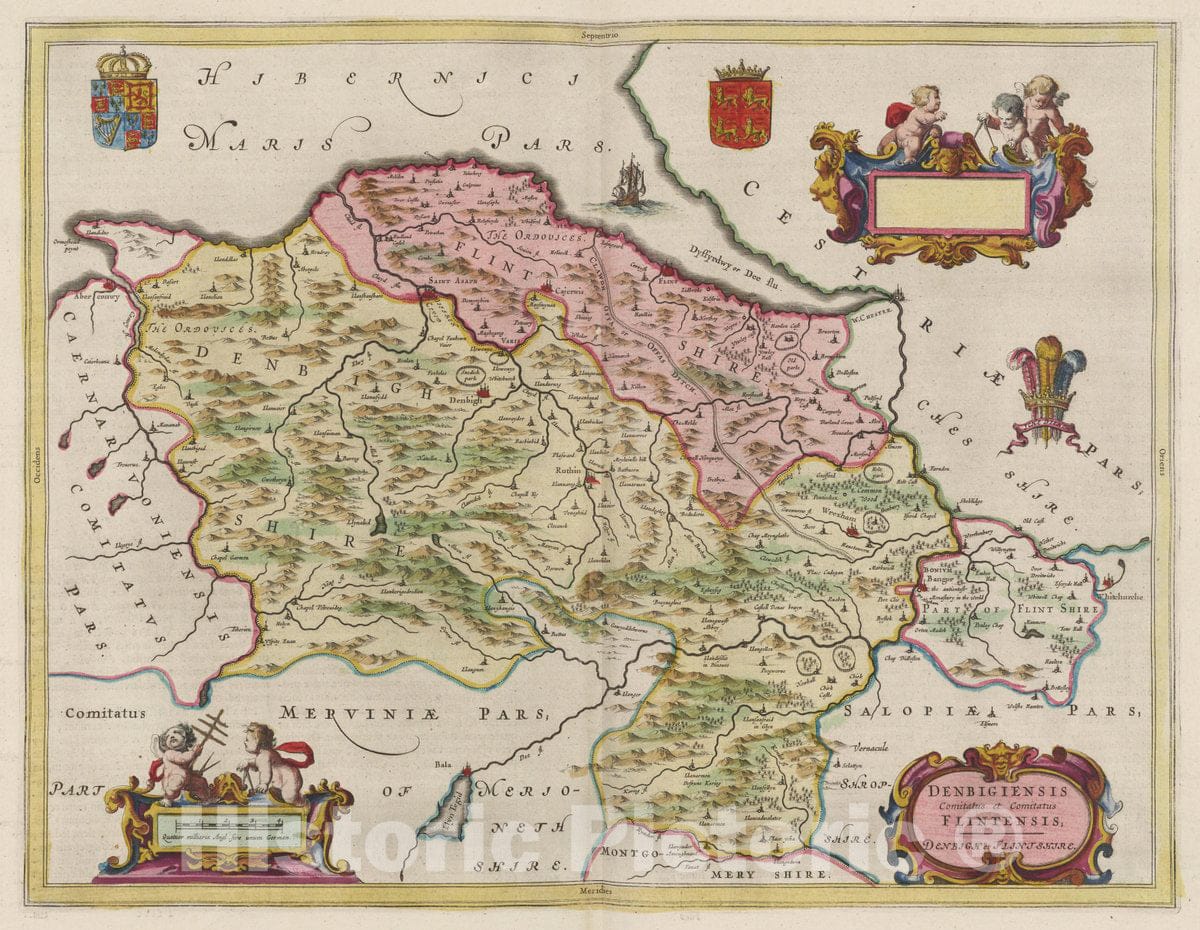 Historic Map : England, Denbigiensis Comitatus et Comitatus Flintensis, 1665 Atlas , Vintage Wall Art