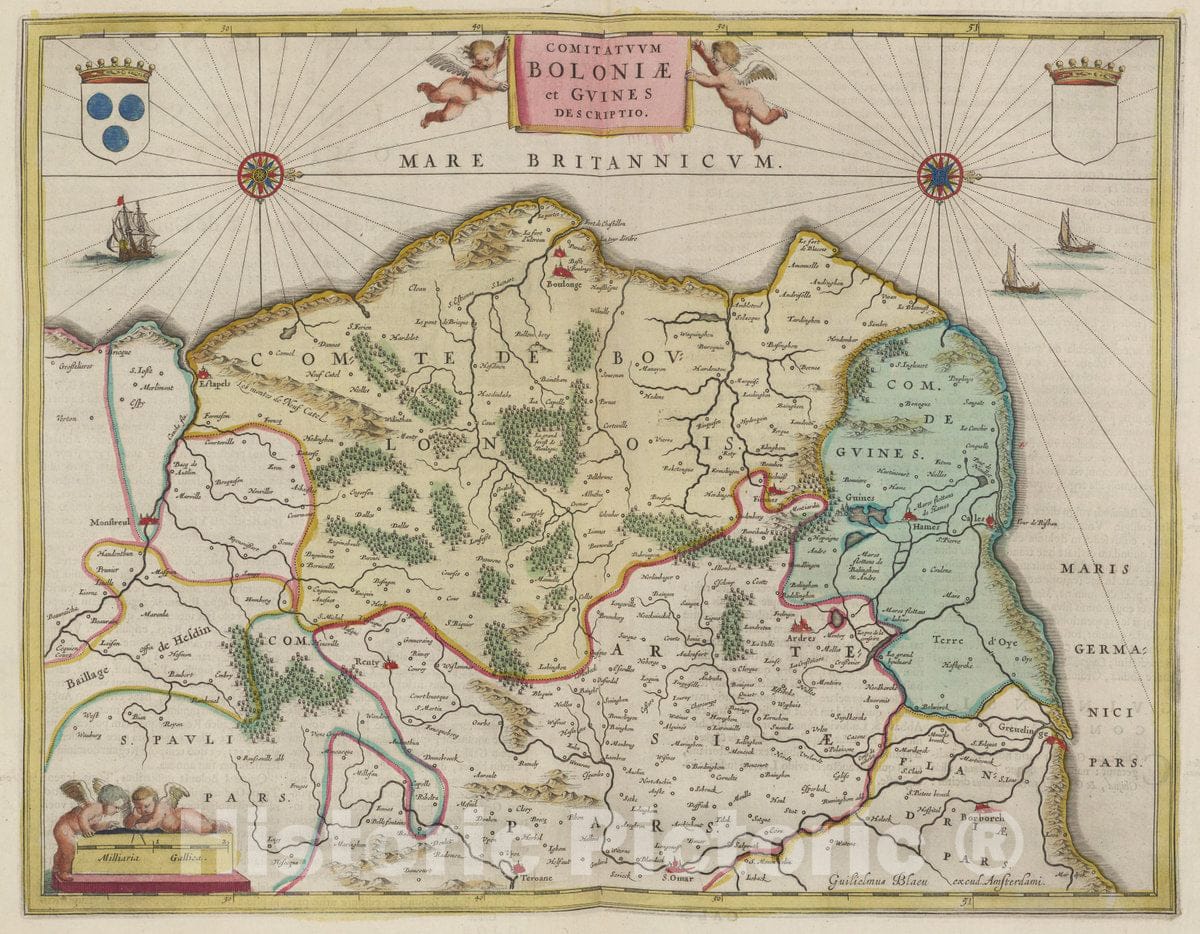 Historic Map : France, Pas-de-Calais Region, France Comitatvvm Boloniae et Gvines Descriptio, 1665 Atlas , Vintage Wall Art