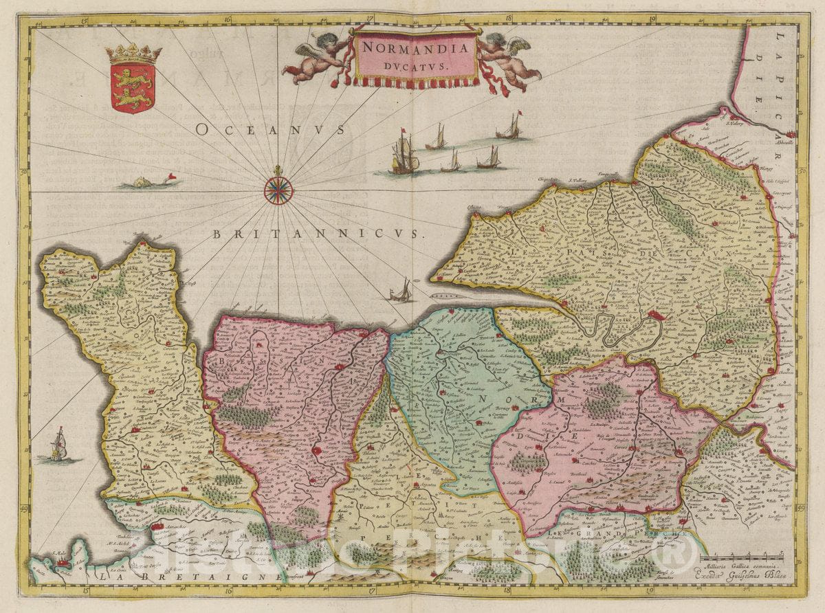 Historic Map : France, Normandie , France Atlas Maior Sive Cosmographia Blaviana, Normandia Dvcatvs, 1665 Atlas , Vintage Wall Art