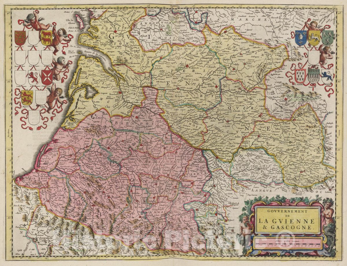 Historic Map : France, Gascogne , France Govvernement De La Gvienna & Gascogne, 1665 Atlas , Vintage Wall Art