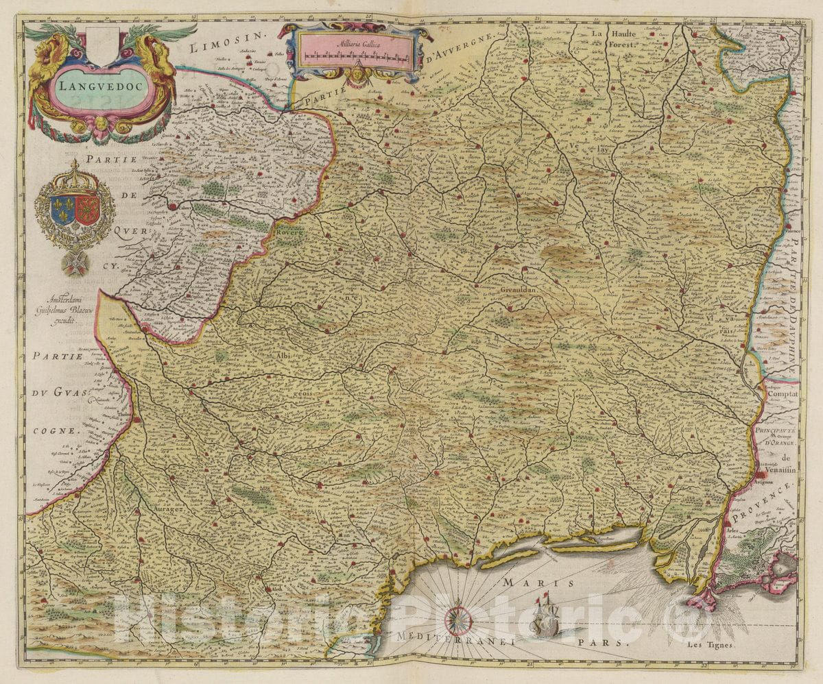 Historic Map : France, Languedoc , France Atlas Maior Sive Cosmographia Blaviana, 1665, Vintage Wall Art
