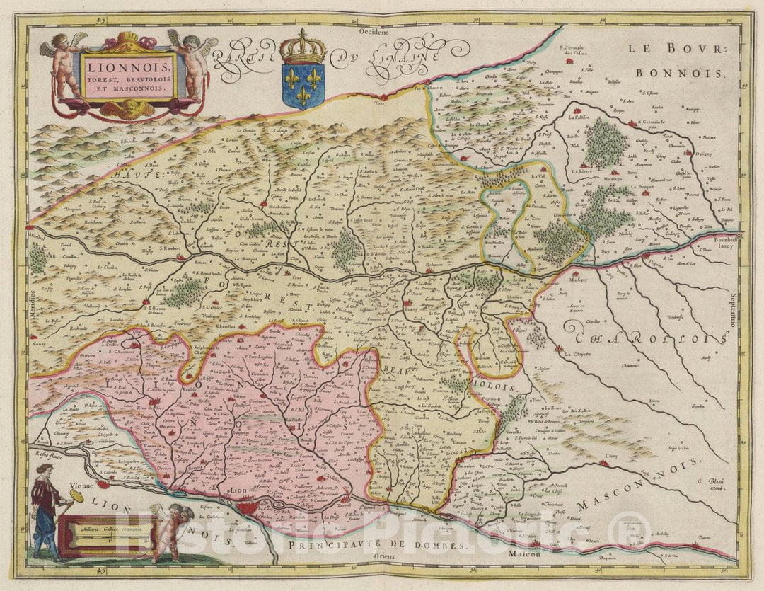 Historic Map : France, Lyon Region , France Lionnois, Forest, Beaviolois Et Masconnois, 1665 Atlas , Vintage Wall Art
