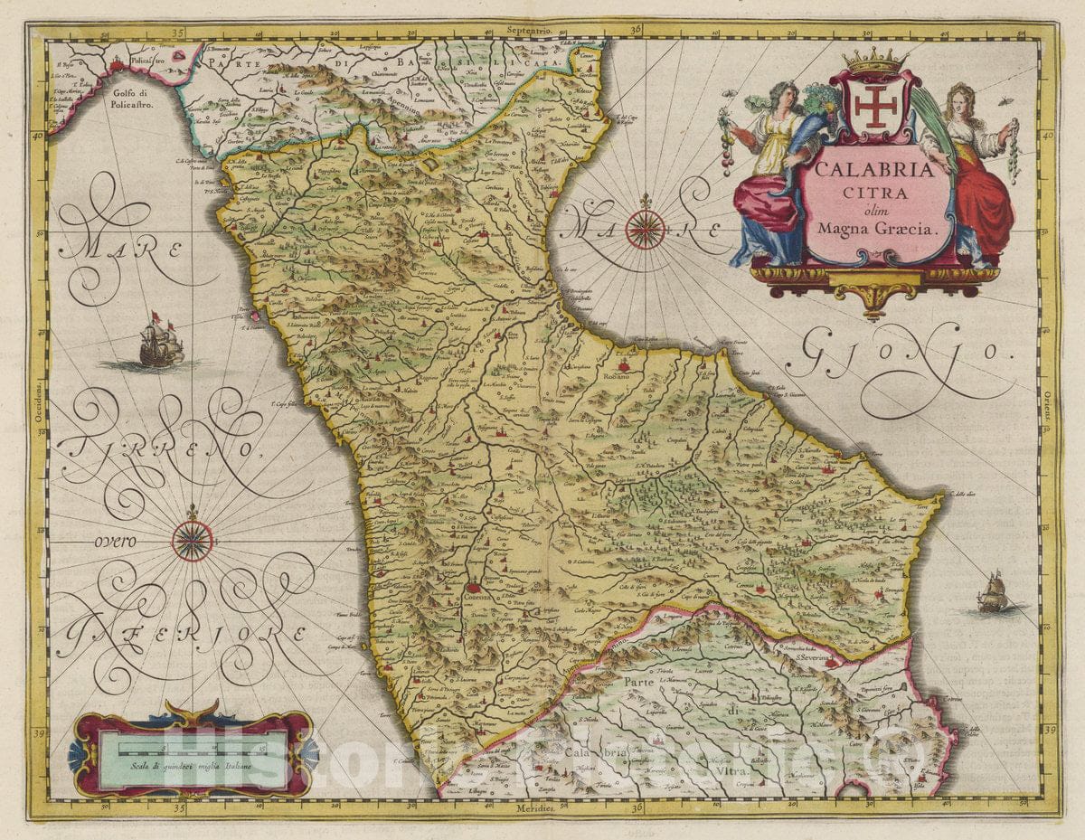 Historic Map : Italy, Calabria Region (Italy) Atlas Maior Sive Cosmographia Blaviana, Calabria Citra, 1665 Atlas , Vintage Wall Art