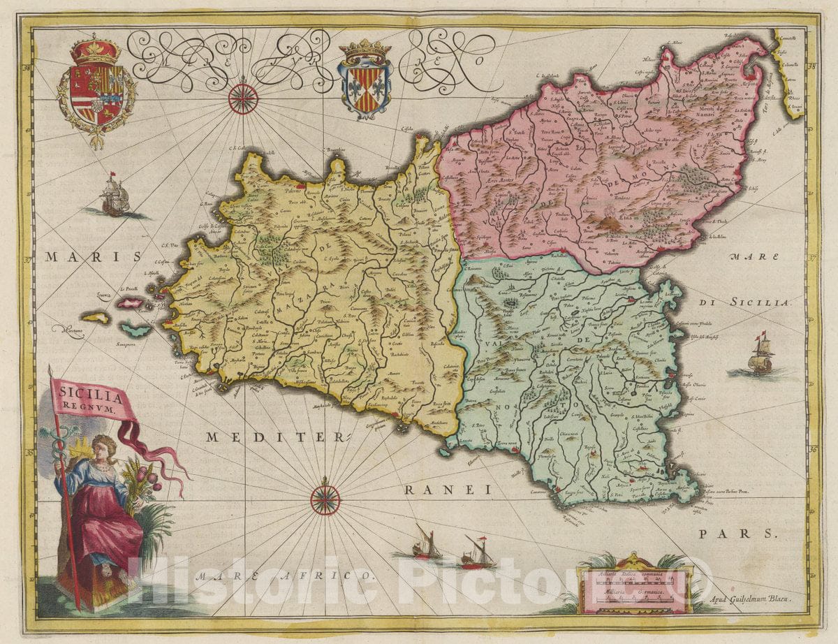 Historic Map : Italy, Sicily (Italy) Atlas Maior Sive Cosmographia Blaviana. Sicilia Regnvm, 1665 Atlas , Vintage Wall Art
