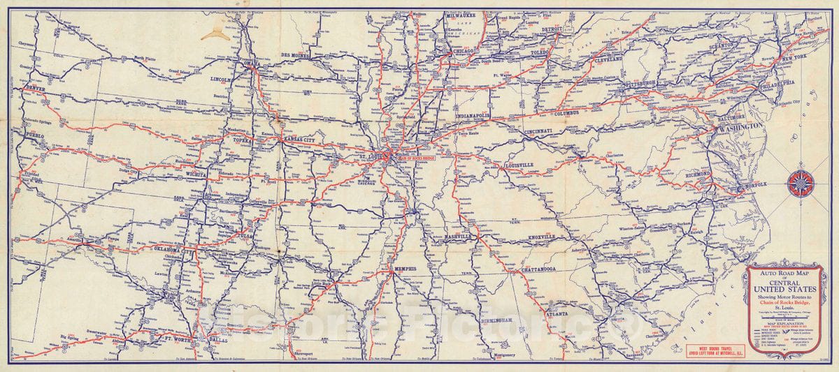 Historic Map : 1940 Auto Road map of Central United States - Vintage Wall Art