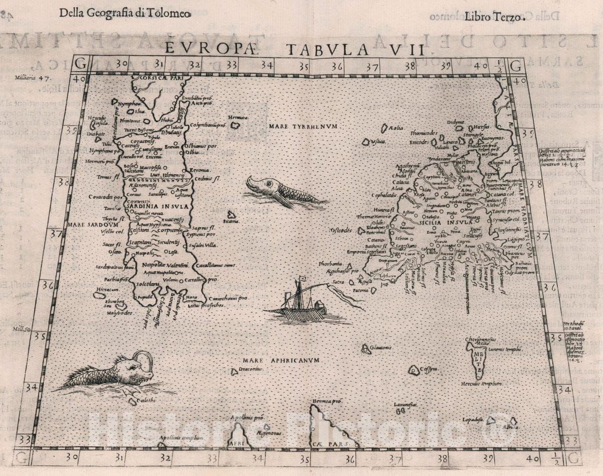 Historic Map : Italy, Sardinia (Italy), Europe Tabula Europae VII. Della Geografia di Tolomeo. Libro Terzo, 1599 Atlas , Vintage Wall Art