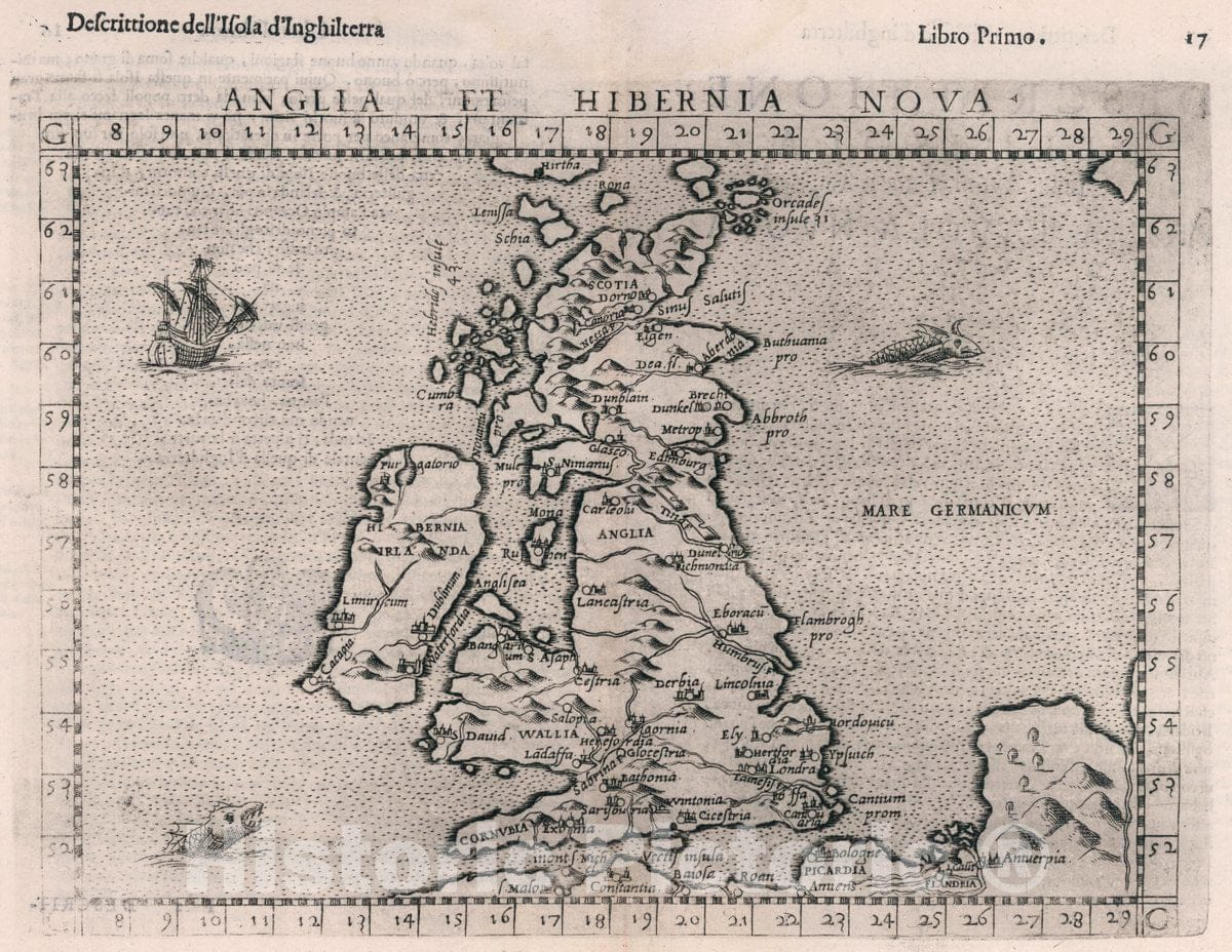 Historic Map : British Isles, Europe Anglia et Hibernia nova. Descrittione dell' Isola d'Inghilterra. Libro Primo, 1599 Atlas , Vintage Wall Art