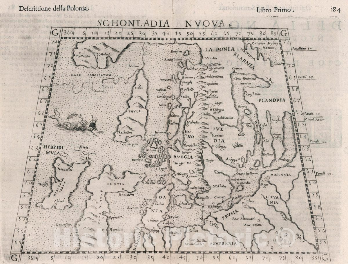Historic Wall Map : Europe, Northern Schonlandia Nuova. Descrittione Della polonia. Libro Primo, 1599 Atlas , Vintage Wall Art