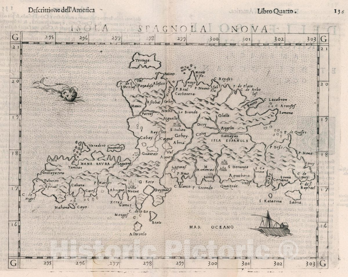 Historic Map : Haiti, Caroline Islands Isola Spagnola nova. Descrittione dell'America. Libro Quarto, 1599 Atlas , Vintage Wall Art