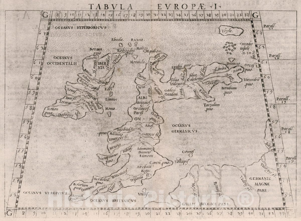 Historic Map : Great Britain, British Isles, Europe Tabvla Evropae I. D'Evropa, Prima Tavola. Antica di Tolomeo, 1561 Atlas , Vintage Wall Art