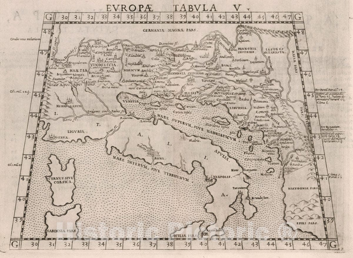 Historic Map : Italy, Roman Empire Tabvla Evropae V. D'Evropa, Qvinta tavola Antica, 1561 Atlas , Vintage Wall Art