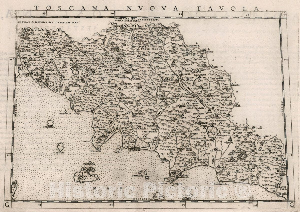 Historic Map : Italy, , Europe Toscana Nvova Tavola. Toscana, Sestadecima tavola nvova, 1561 Atlas , Vintage Wall Art