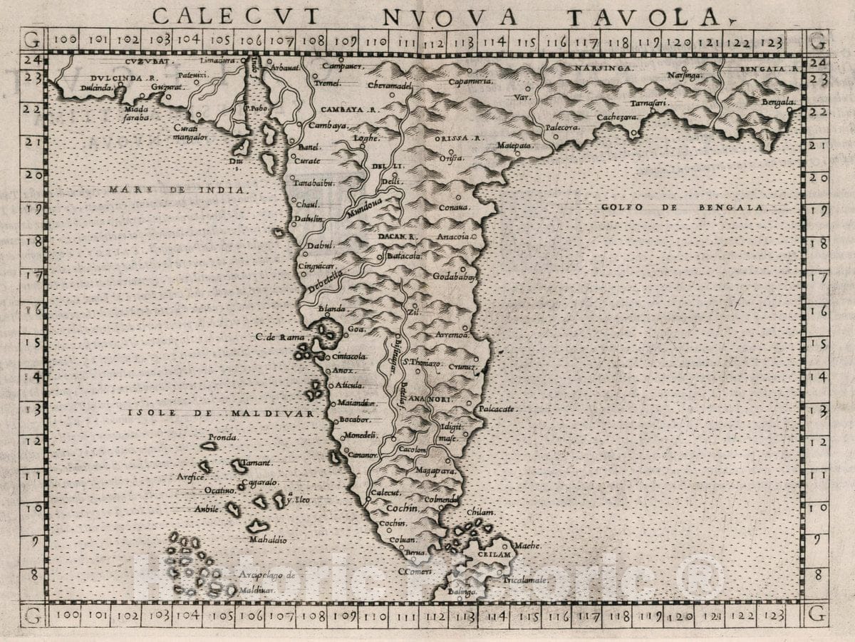 Historic Wall Map : India, , Asia Calecvt Nuova Tavola. Calecvt, Ventesimasettima tavola nvova, 1561 Atlas , Vintage Wall Art