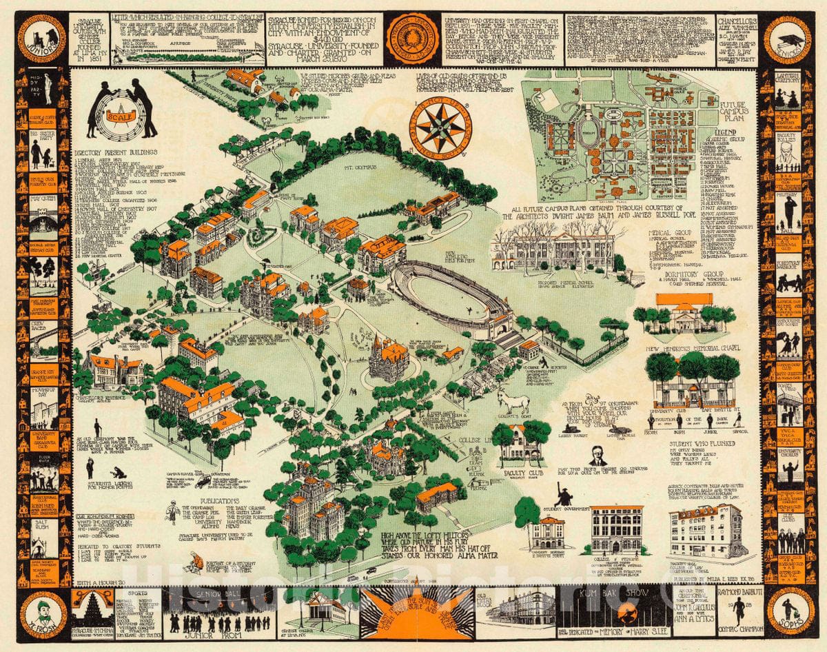 Historic Map : (Syracuse University 1928). Edith A Hough' 20, ex.034;26. Copyrighted August 1928. (Inset) Full Campus Plan, 1928 Pictorial Historic Map : Vintage Wall Art