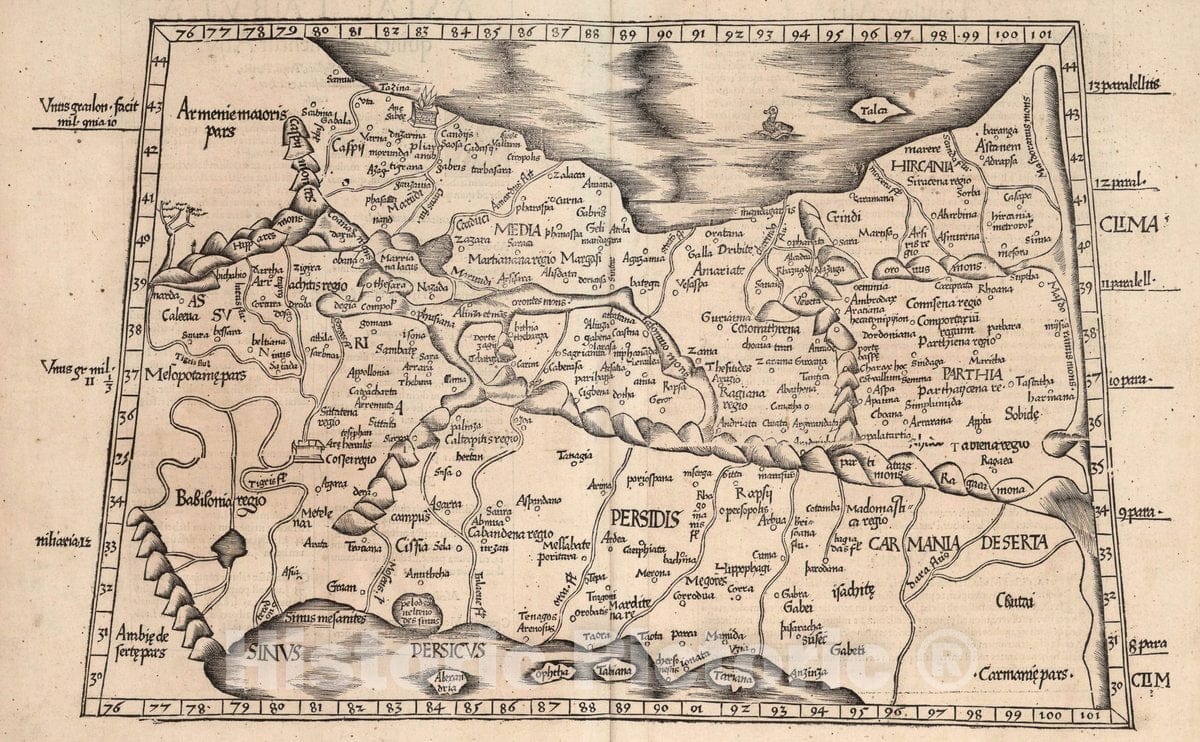Historic Wall Map : Iran, , Asia 1541 Asiae Tabula Quinta continentur Assyria, Media, Susiana, Persis, Parthia, , Vintage Wall Art
