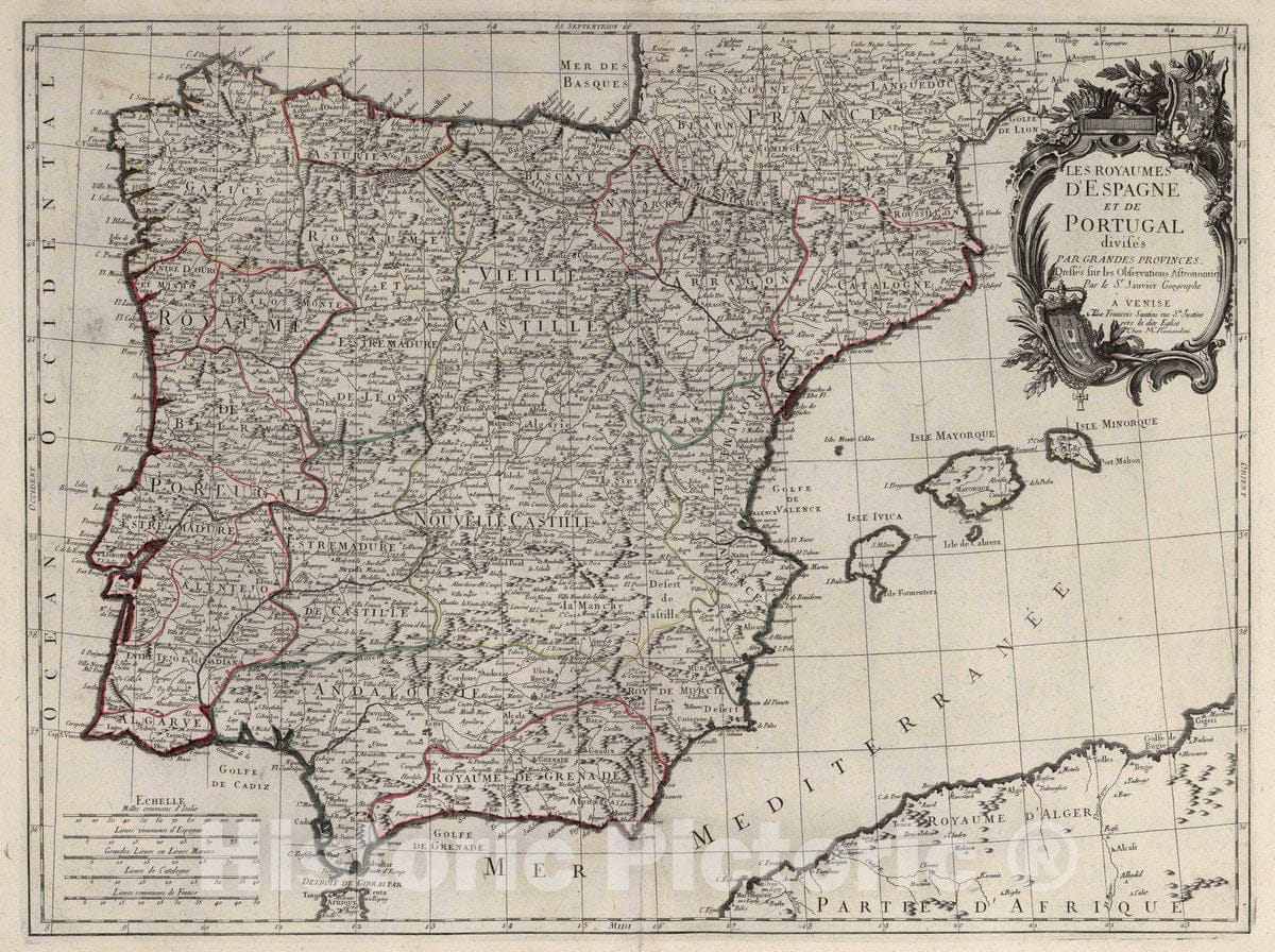 Historic Map : Spain, Iberian Peninsula 4. Les Royaumes D'Espagne et du Portugal divises par Grandes Provinces, 1784 Atlas , Vintage Wall Art