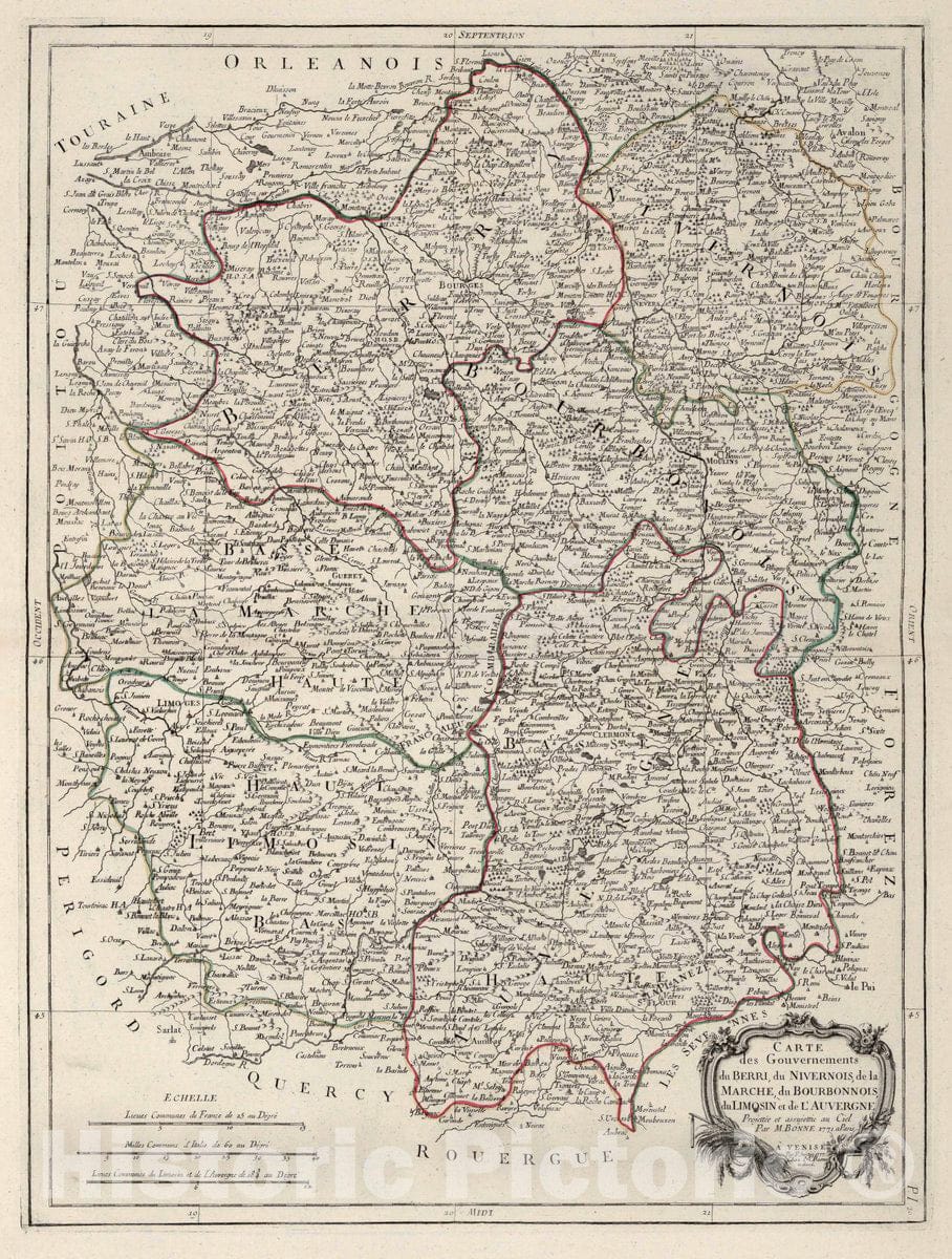 Historic Map : France, Berri , France 20. Carte des Gouvernements du Berri, du Nivernois, de la Marche, du Bourbonnois, du Limosin, 1777 Atlas , Vintage Wall Art