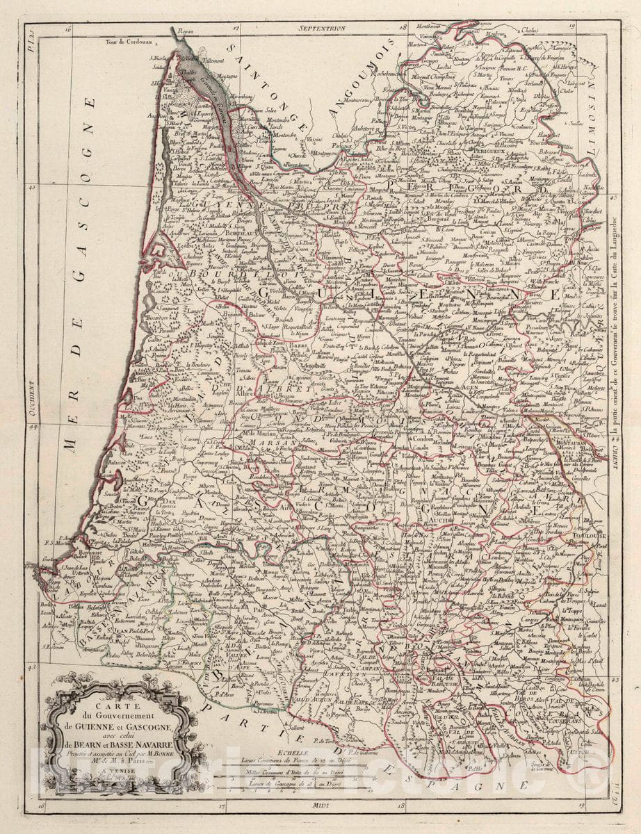 Historic Map : France, Gascogne , France 21. Carte des Gouvernements de Guienne et Gascogne, 1777 Atlas , Vintage Wall Art