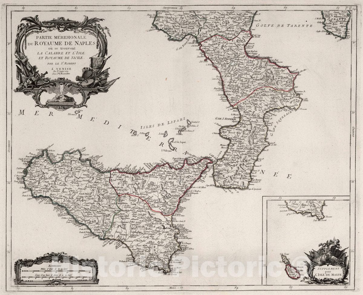 Historic Map : Naples (Italy) 1779 24. Partie Meridionale du Royaume de Naples. , Vintage Wall Art