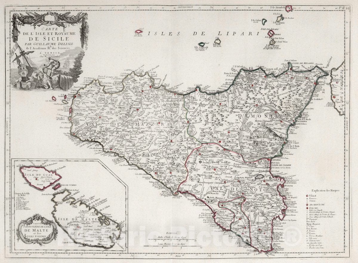 Historic Map : Sicily (Italy) 25. Carte de l'Isle et Royaume de Sicile, 1779 Atlas , Vintage Wall Art
