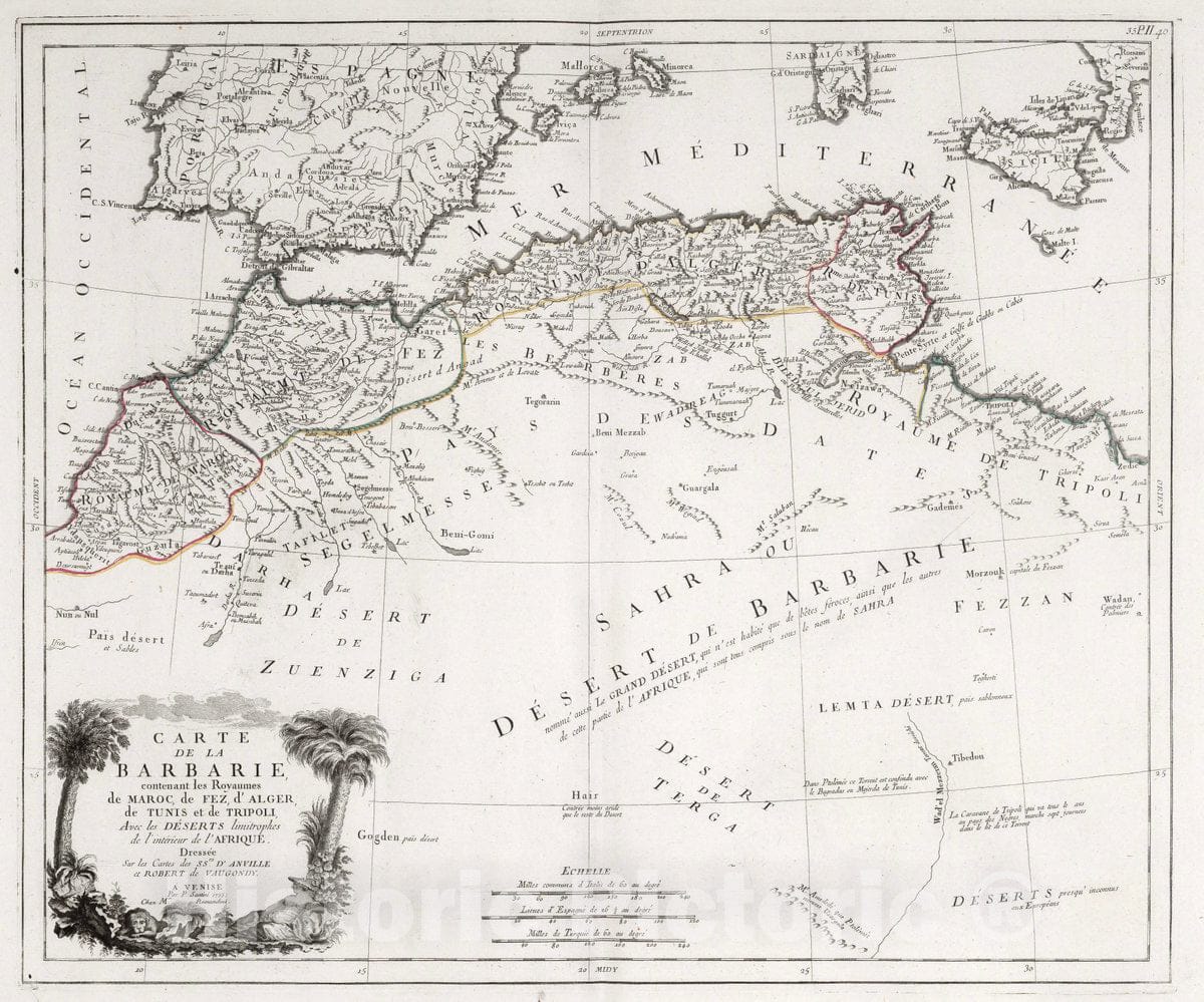 Historic Map : Morocco, North Africa 40. Carte de la Barbarie de Maroc, de Fez, d'Alger, de Tunis et de Tripoli, 1775 Atlas , Vintage Wall Art