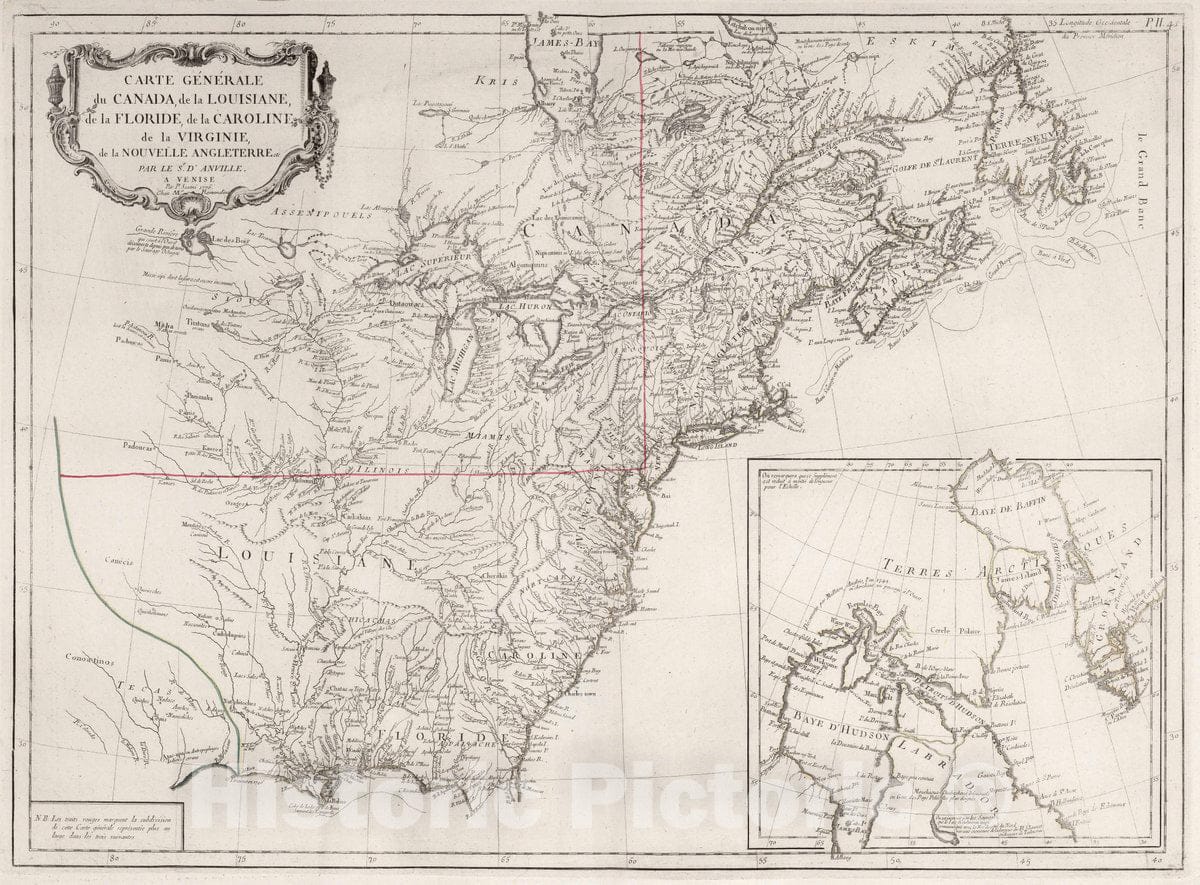 Historic Map : 45. Carte Generale du Canada, de la Louisiane, de la Floride, de la Caroline, de la Virginie, de la Nouvelle Angleterre, 1776 Atlas - Vintage Wall Art