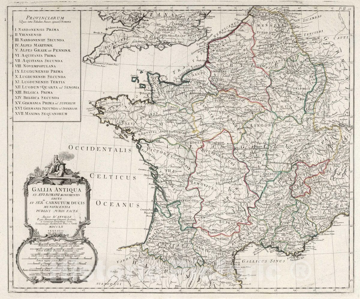 Historic Map : France, 58. Gallia Antiqua ex Aevi Romani Monuments, 1760 Atlas , Vintage Wall Art