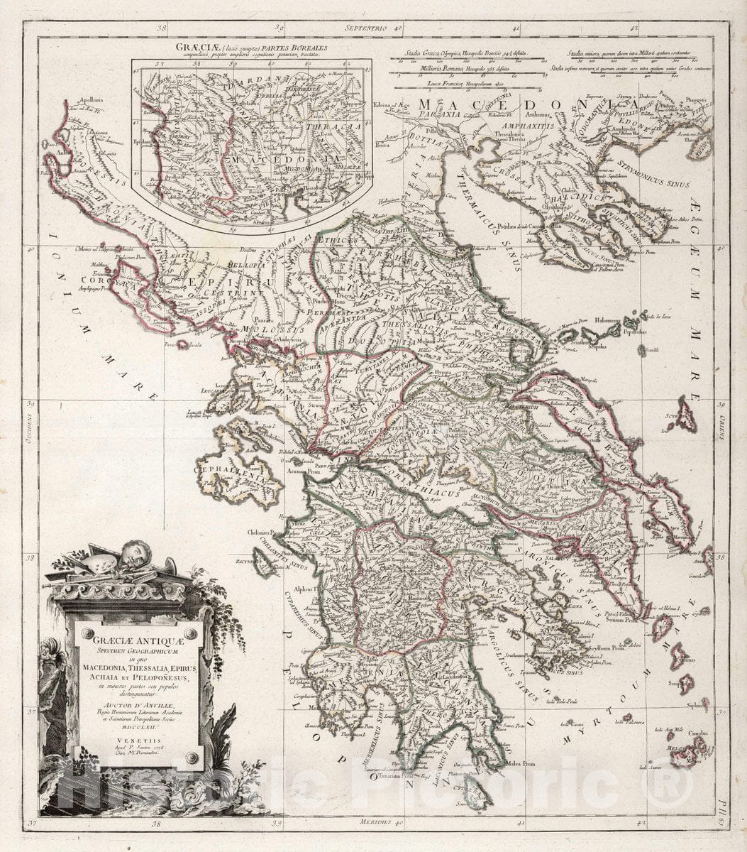 Historic Map : Greece, 61. Graeciae Antiquae, Specimen Geographicum in quo Macedonia, Thessalia, Empirus, Achaia et Peloponesus, 1762 Atlas , Vintage Wall Art