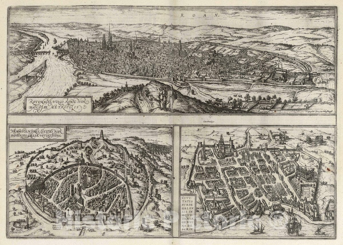 Historic Map : Rotomagvs, vulgo Roan Normandae Metropolis. Nemavsus, Nismes, civitas narbonensis galliae vetustissima, 1640, Vintage Wall Decor