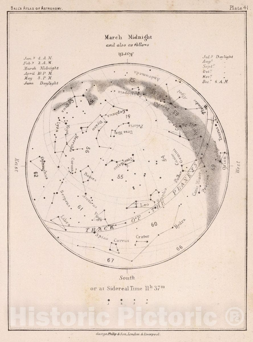 Historic Map : 41. Stars: March Midnight, 1892 Celestial Atlas - Vintage Wall Art