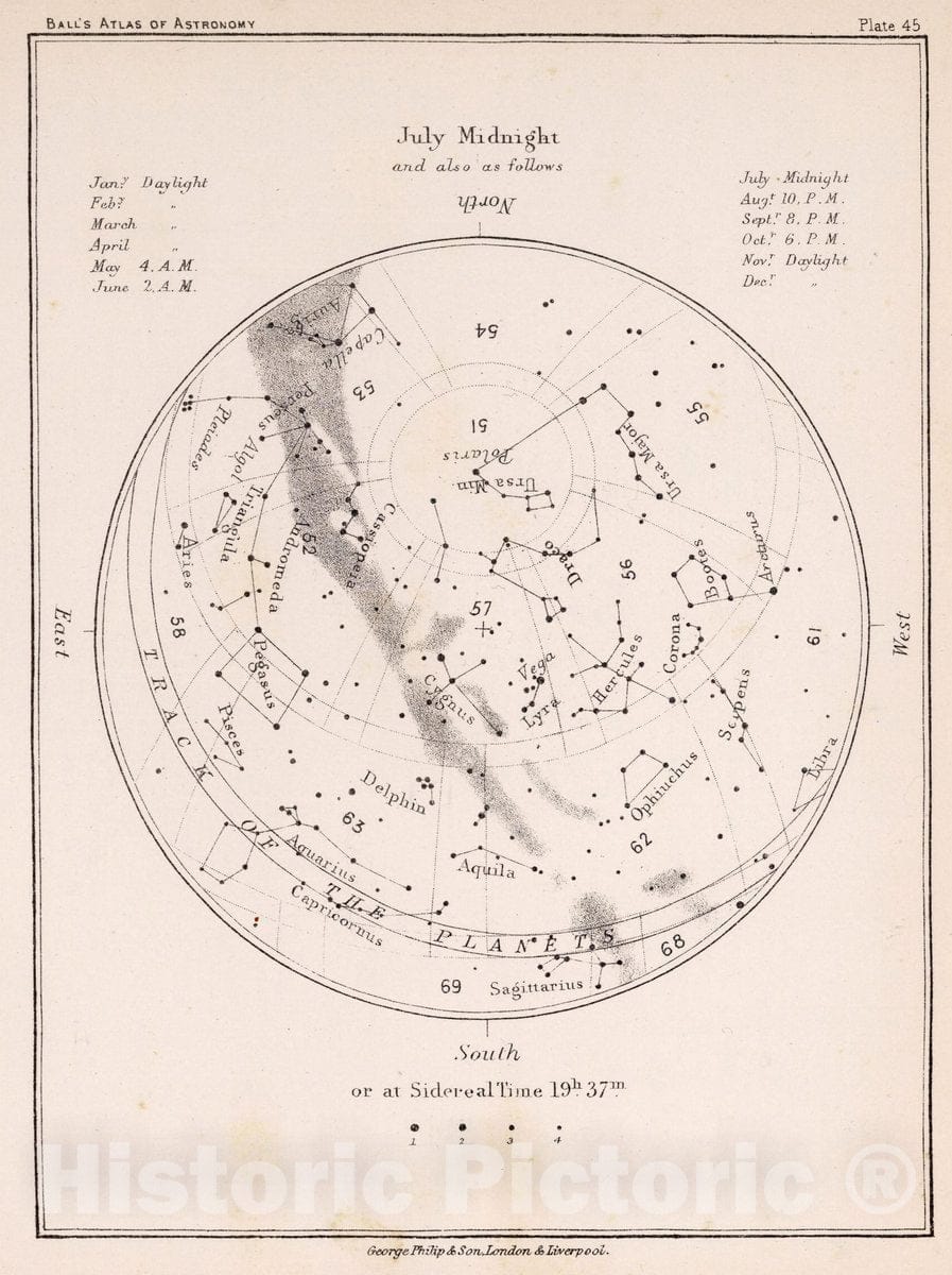 Historic Map : 45. Stars: July Midnight, 1892 Celestial Atlas - Vintage Wall Art