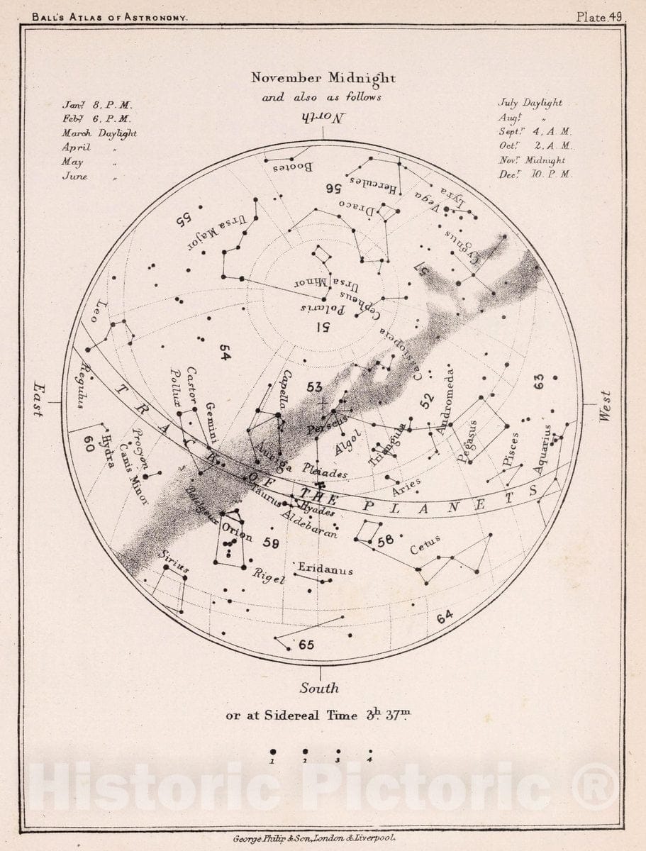 Historic Map : 49. Stars: November Midnight, 1892 Celestial Atlas - Vintage Wall Art