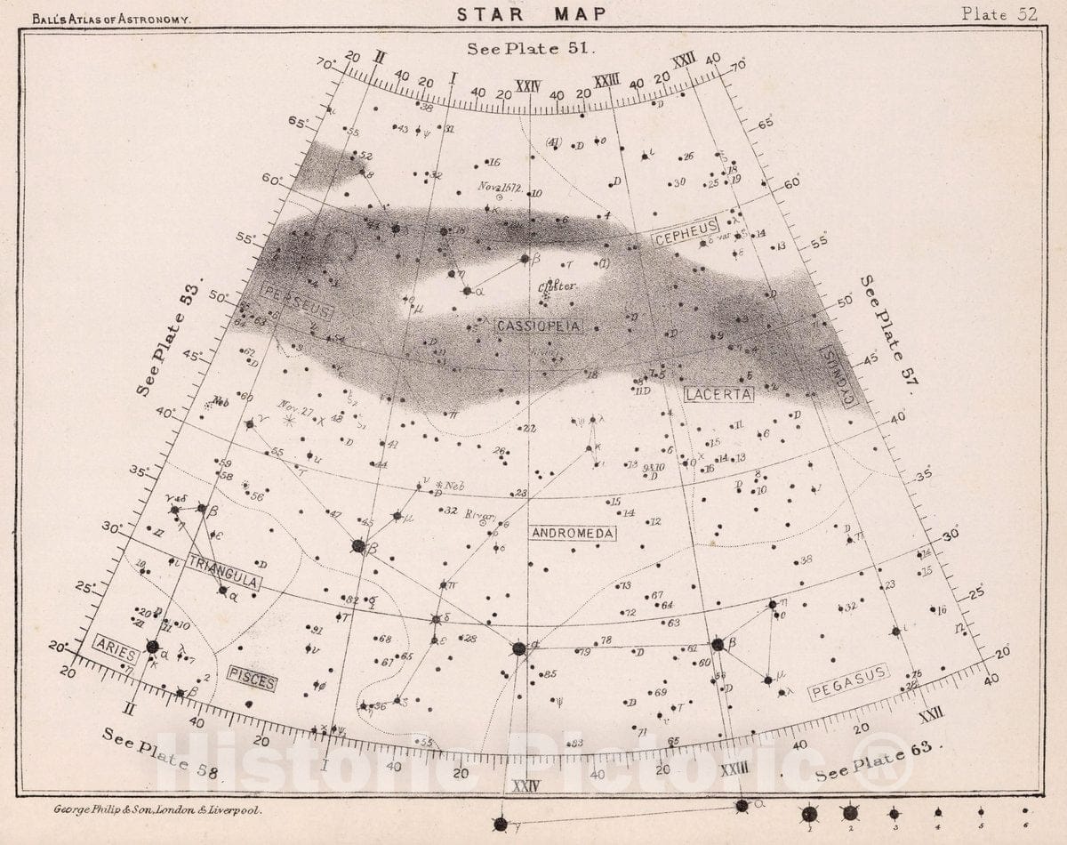 Historic Map : 52. Star Map. from an Atlas of Astronomy, 1892 Celestial Atlas - Vintage Wall Art