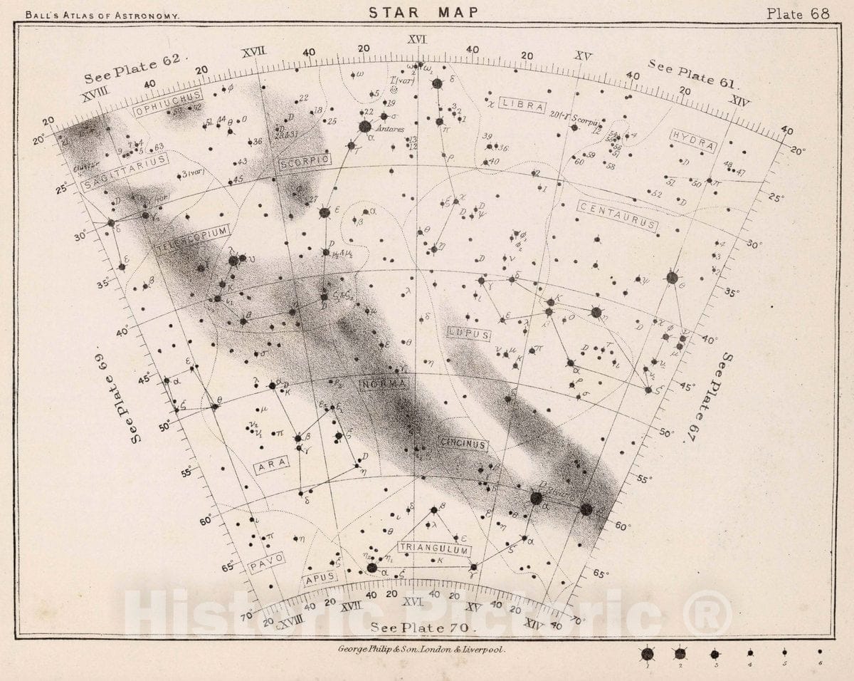Historic Wall Map : 68. Star Map. from an Atlas of Astronomy, 1892 Celestial Atlas - Vintage Wall Art