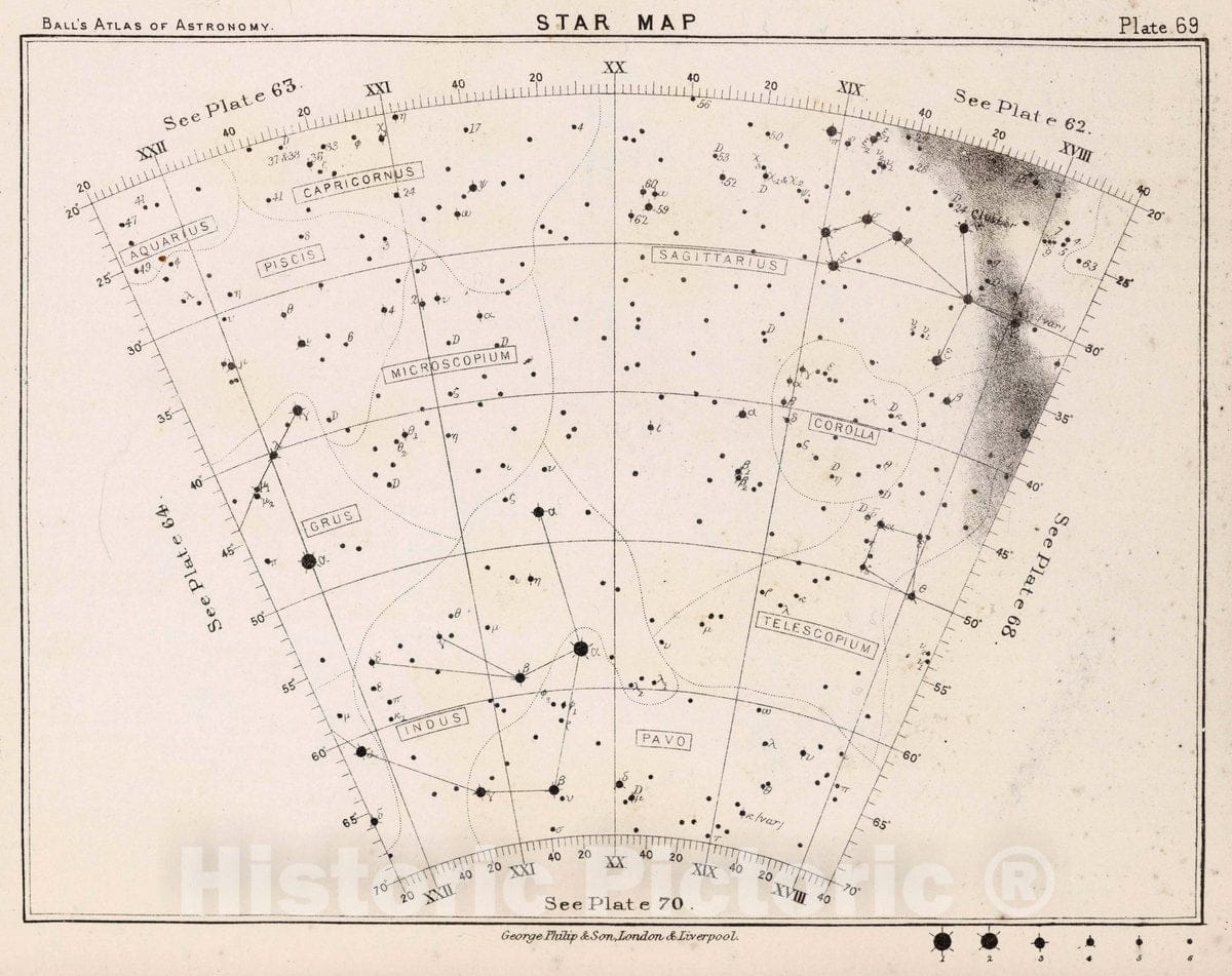 Historic Wall Map : 69. Star Map. from an Atlas of Astronomy, 1892 Celestial Atlas - Vintage Wall Art