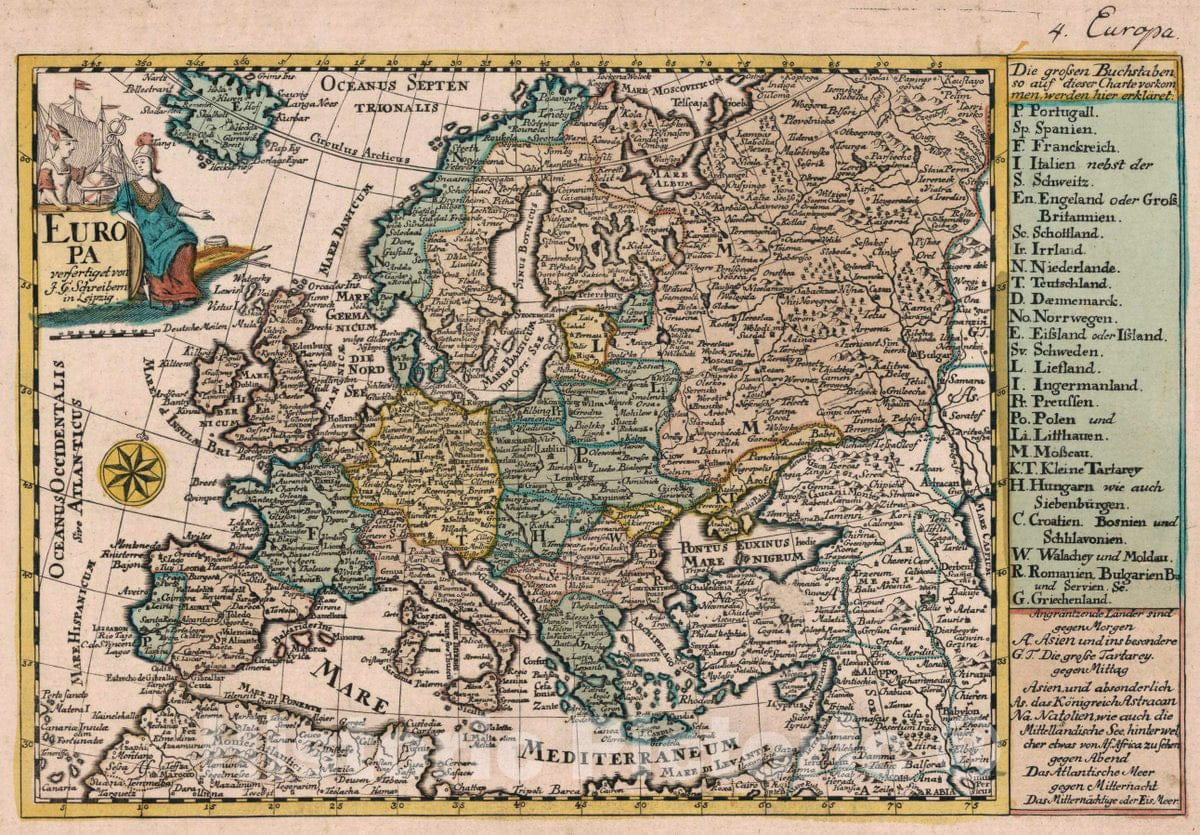 Historic Map : Europa : verfertiget von Johann George Schreibern in Leipzig. Atlas selectus von allen Konigreichen und Landern der Welt, 1740 Atlas - Vintage Wall Art