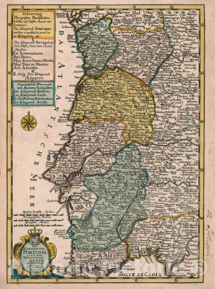 Historic Map : Portugal, Vol 1:12- Das Konigreich Portugal nebst dem Konigreich Algarve, 1740 Atlas , Vintage Wall Art